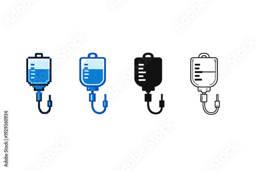 Set of four IV drip bag icons in blue, black, and outline styles showing intravenous infusion containers with measurement marks and hanging hooks