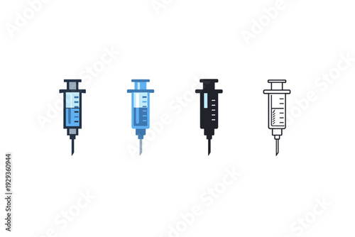 Set of four medical syringe illustrations in blue, black, and outline styles, showing measurement markings and needles on a clean white background