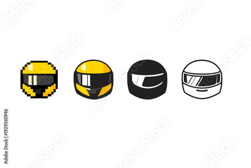 Set of four stylized motorcycle racing helmets showing pixelated and modern vector designs with visors, in yellow, black, and white on clean background