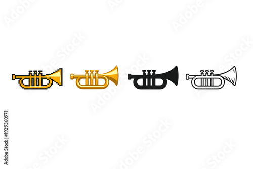 Set of four stylized trumpet icons in gold, yellow, black, and outline variations, simple flat vector brass instrument silhouettes on white background