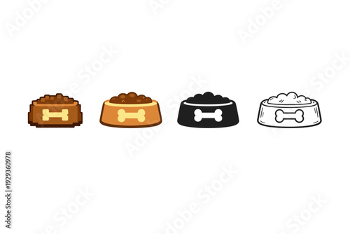 Row of four pet food bowls in flat vector style, showing kibble and feed with bone icons in brown, orange, black, and white on a clean background