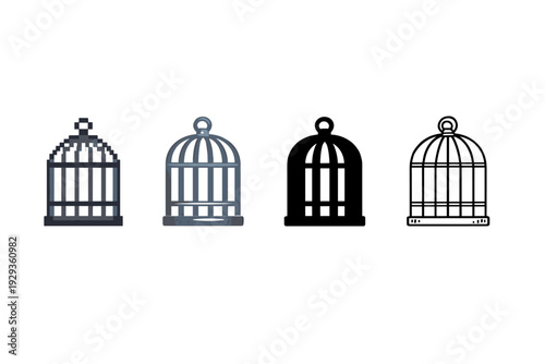 Set of four birdcage icons in different styles, including pixelated, shaded, solid silhouette, and outline designs on a white background