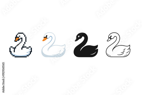 Four swan icon styles in a row, showing pixelated, shaded white, solid black silhouette, and outlined line art waterfowl illustrations on white