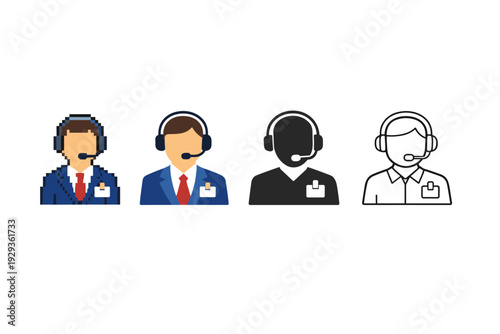 Set of customer support headset operator icons showing pixelated, flat, silhouette, and outline styles for helpdesk, call center, and service assistance