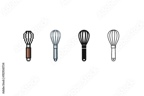 Minimal vector set of four kitchen whisks in different styles and colors, arranged horizontally on a white background for culinary tool illustration