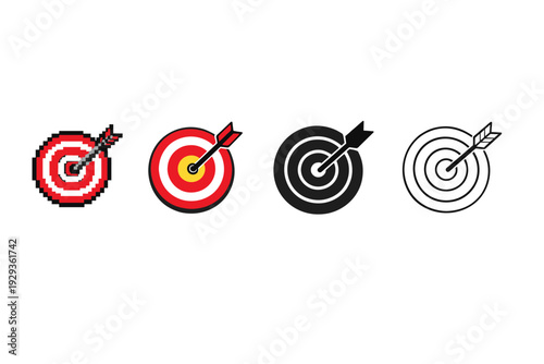 Set of four bullseye target icons in pixelated and flat styles with arrows hitting the center, showing accuracy, goals, and achievement concepts