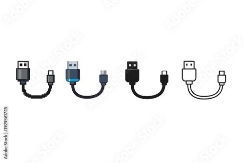 Minimal flat vector illustration of multiple USB cables and connectors in different colors, showing various plug types on a clean white background