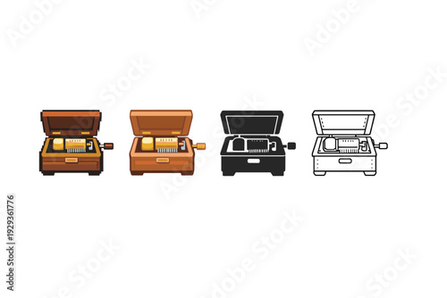 Row of pixel art music boxes with open lids and hand cranks, shown in color, silhouette, and outline styles on a clean white background
