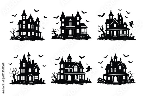 Vector illustration set of house and building silhouettes featuring a medieval fantasy castle, fortress, and old village church icons for creative architecture city design