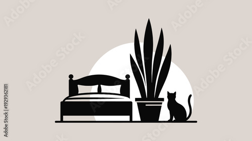 Black silhouette of cat sitting next to potted plant and bed