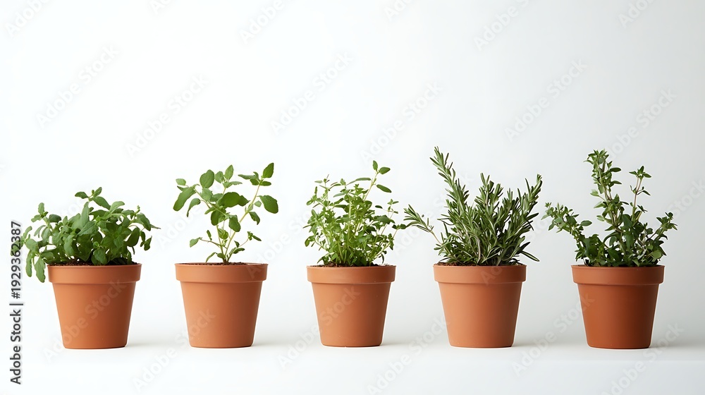 Obraz premium Five potted herbs in terracotta pots against white background for various uses