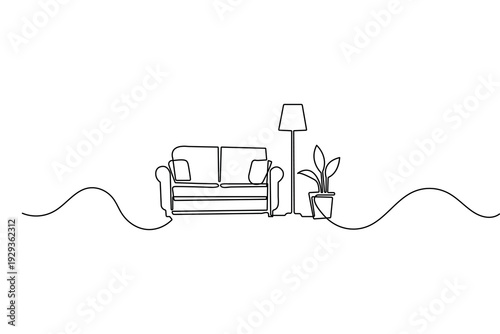 Sofa with lamp and potted plant continuous one line drawing minimalist style vector