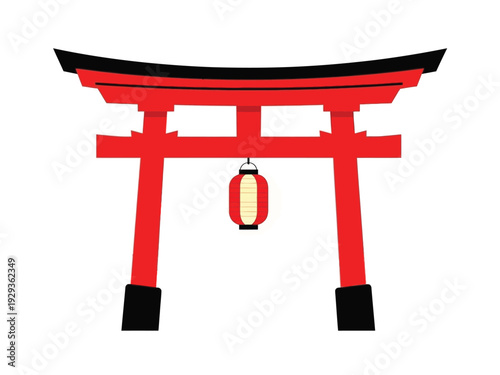 Traditional Japanese Torii Gate with Lantern Illustration.
