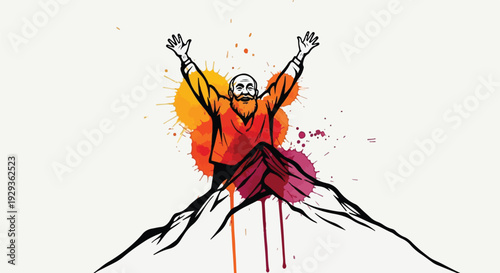 Success Concept Senior Man Celebrating at Mountain Peak Abstract Watercolor Art