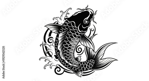 Black Koi Fish Tattoo Design, Japanese Style, Water Waves, Isolated