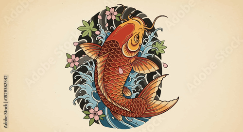 Traditional Japanese Koi Fish Tattoo Design with Cherry Blossoms and Waves