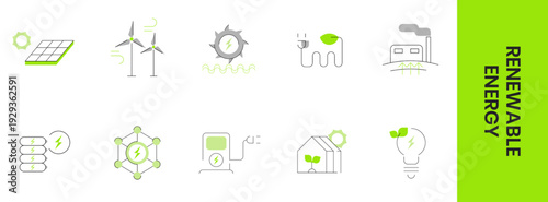 Renewable energy icon set with solar panels, wind turbines, hydro power, battery storage, smart grid, and eco house in clean linear style for sustainability and green technology themes.