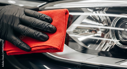Wallpaper Mural Professional Car Detailer in Black Gloves Polishing Headlight with Red Microfiber Cloth Torontodigital.ca