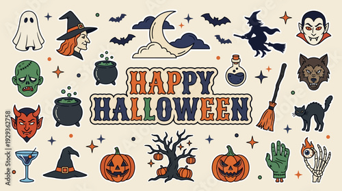 Happy Halloween Retro Sticker Pack: Vintage Cartoon Icons with Witches, Ghosts, Pumpkins, Vampires, and Spooky Characters
