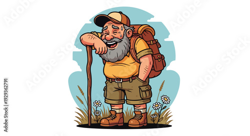 Cheerful Senior Hiker Cartoon Character with Backpack and Walking Stick Illustration