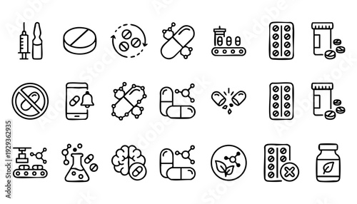 Pharmaceutical Science and Medicine Manufacturing Icon Set