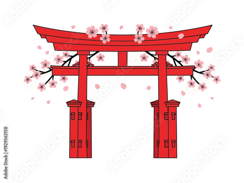 Vibrant Red Torii Gate Adorned with Delicate Cherry Blossoms.