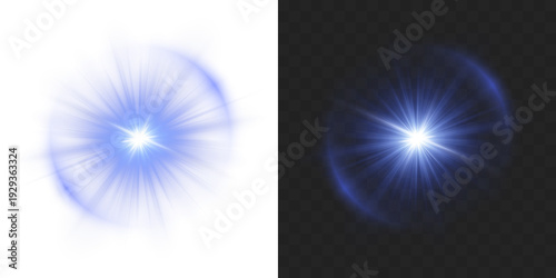 Canvastavla Glowing blue stars with shimmering rays and lens flare effects