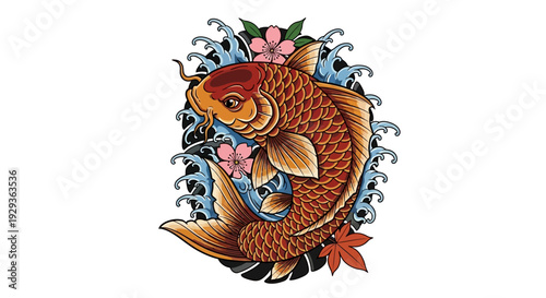 Japanese Koi Fish Tattoo Design with Cherry Blossoms and Waves