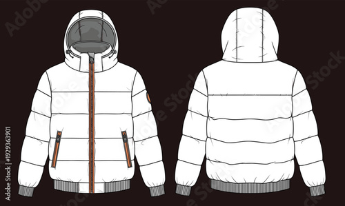 White Puffer Jacket with Hood and Zipper Pockets Front and Back View Winter Outerwear Vector Illustration Template