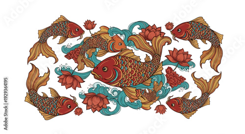 Decorative Koi Fish and Lotus Flowers Oriental Illustration