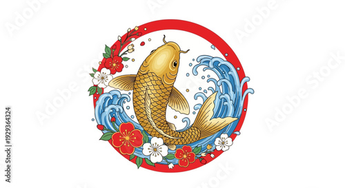 Golden Koi Fish Swimming in Water with Flowers