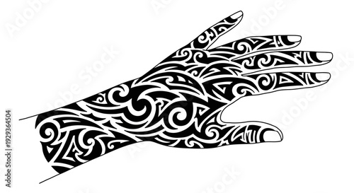 Tribal Tattooed Hand with Swirling Black Ink Patterns, Isolated