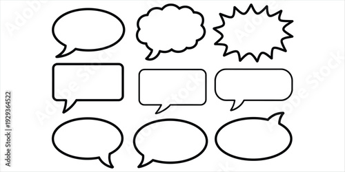 Nine Simple Outline Speech Bubbles and Thought Bubbles on White Background Keywords: speech bubble, thought bubble, comic