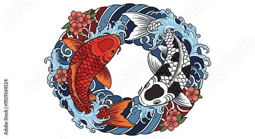 Yin Yang Koi Fish Circle with Waves and Flowers