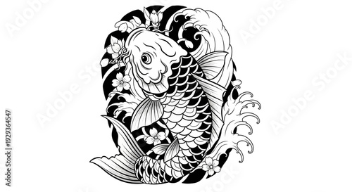 Japanese Koi Fish Tattoo Design with Waves and Cherry Blossoms, Black and White