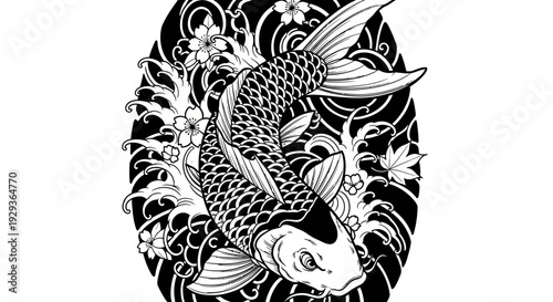 Japanese Koi Fish Tattoo Design - Black and White Illustration