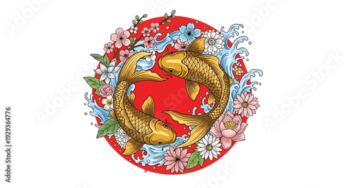 Golden Koi Fish and Cherry Blossoms in Yin Yang Circle