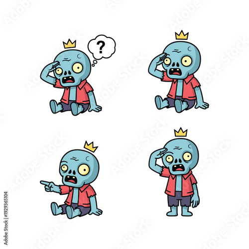 Cartoon zombie king in various confused poses with copy space