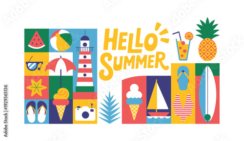 Colorful Summer Vacation and Travel Vector Illustration, Multicolored Summertime Concept Design for Greeting Card, Poster and Banner Template