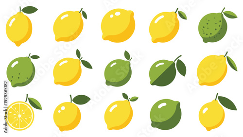Systematic grid arrangement of lemons and limes in different shades of green and yellow with one sliced lemon half on a white background.
