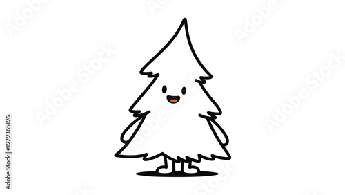 Adorable white pine tree character with a happy smiling face and tiny legs standing on a white background for a whimsical winter illustration.