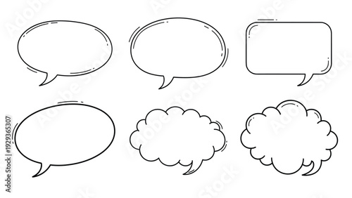 Set of six empty speech bubbles with double line borders and dashed accents offers a variety of styles for text and comic book dialogue.