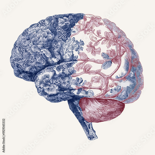 Human brain with intricate floral patterns blending blue and red against a white background. Patterned brain illustrating creative thought and complex mind