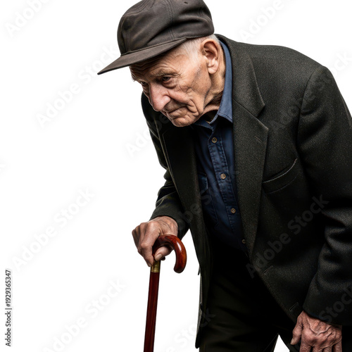 Elderly man with cane and cap looking down