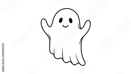 Friendly cartoon ghost with a happy smile and open arms floats in the air as a cute and non-scary character for halloween themed designs.