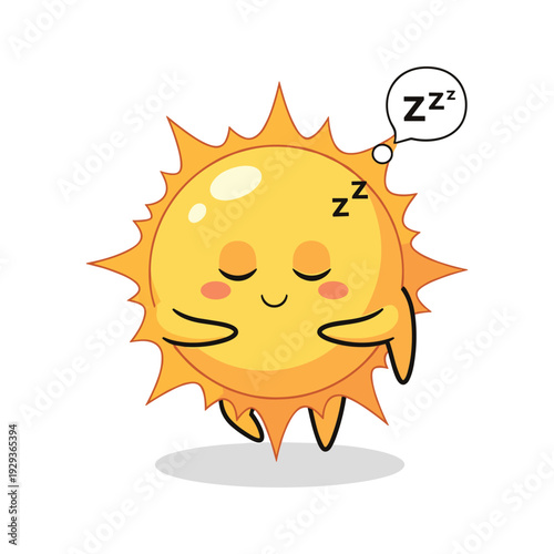 Sleeping sun cartoon character with zzz bubble on white background