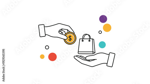Minimalist vector illustration showing two hands exchanging a gold coin for a small shopping bag with colorful circles.
