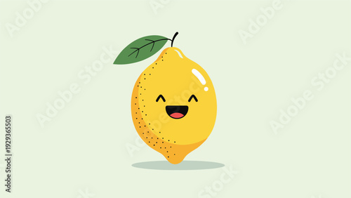 Cute cartoon illustration of a happy yellow lemon character with a wide smile and a green leaf on its head.