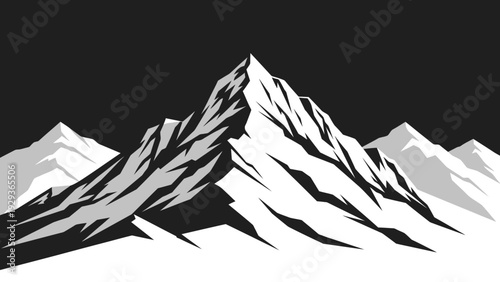 Dramatic Black and White Mountain Peaks Landscape with Snow and Dark Sky