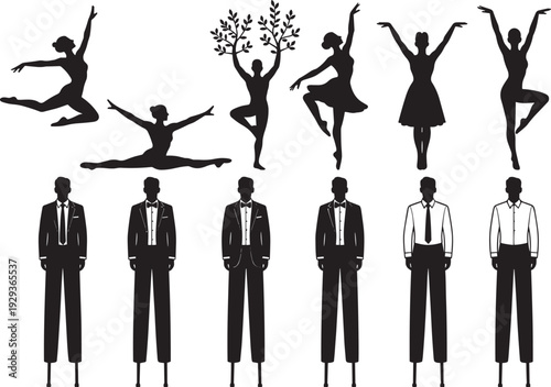 Black silhouette illustrations of dancers in dynamic poses, surreal tree branches, suited men on stilts, artistic contrast, freedom versus conformity, expressive movement